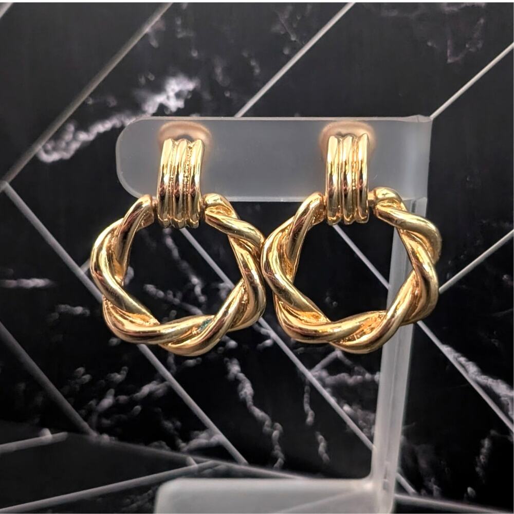 Vintage Clip On Earrings Gold Tone Large Door Knocker Statement Earrings